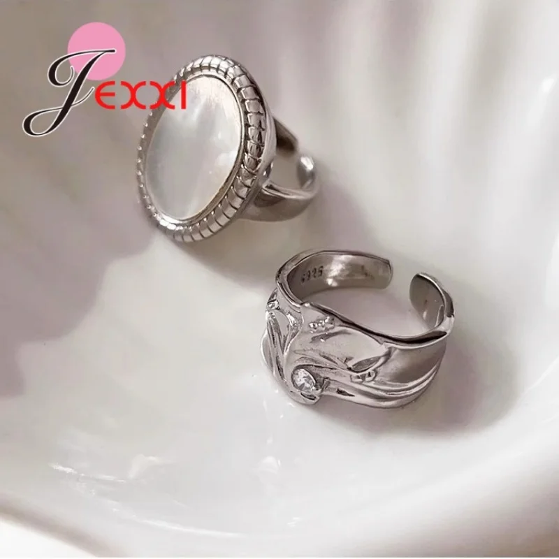 2pcs/set Punk Metal Curved Smooth Open Adjustable Ring for Women Men Simple S925 Sterling Silver Rings Set Hip Hop