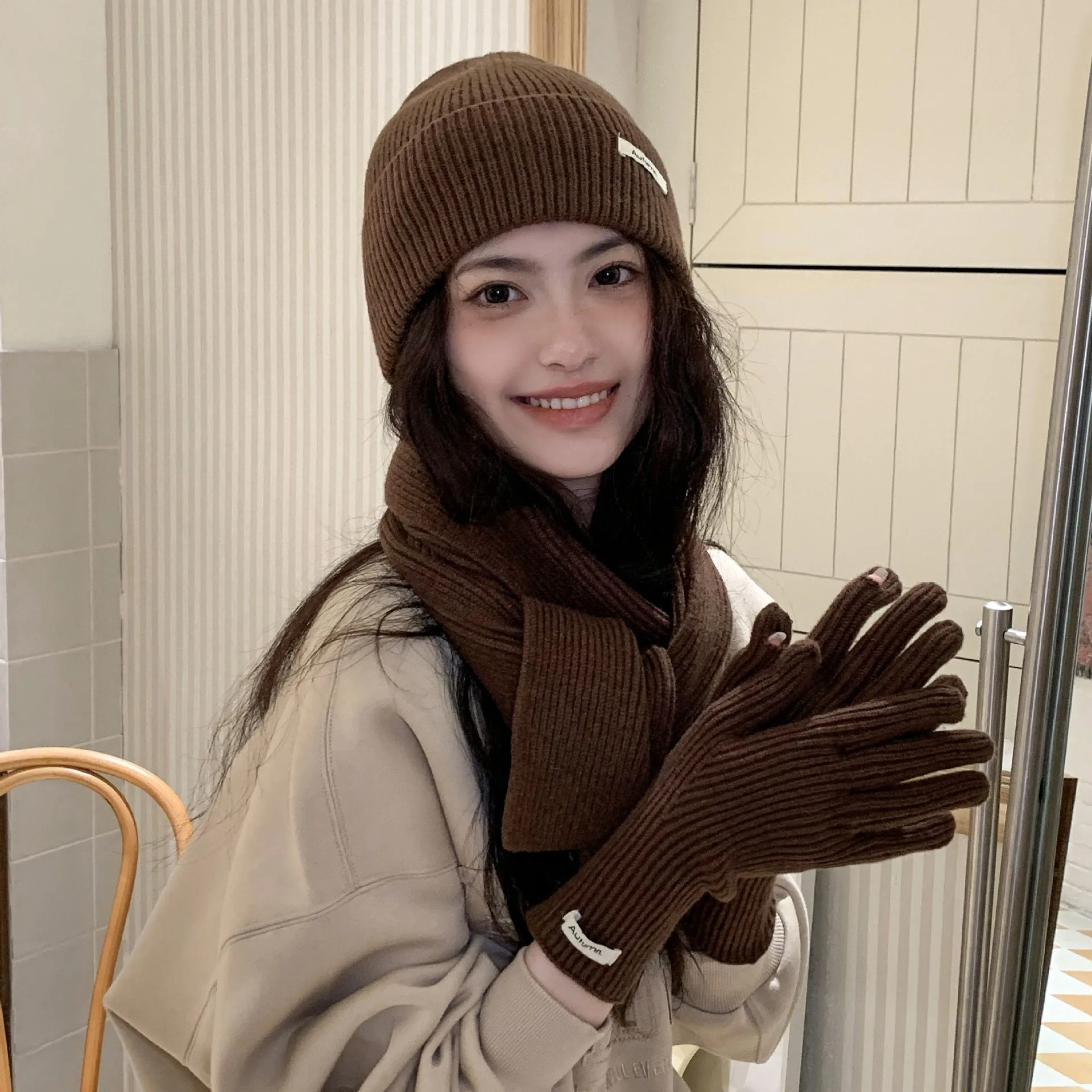 Frauen Handschuh Sets Koreanische Herbst Winter Warme Gestrickte Drei-stück Set Schals Handschuhe Hut Einfarbig Touchscreen Handschuhe frauen