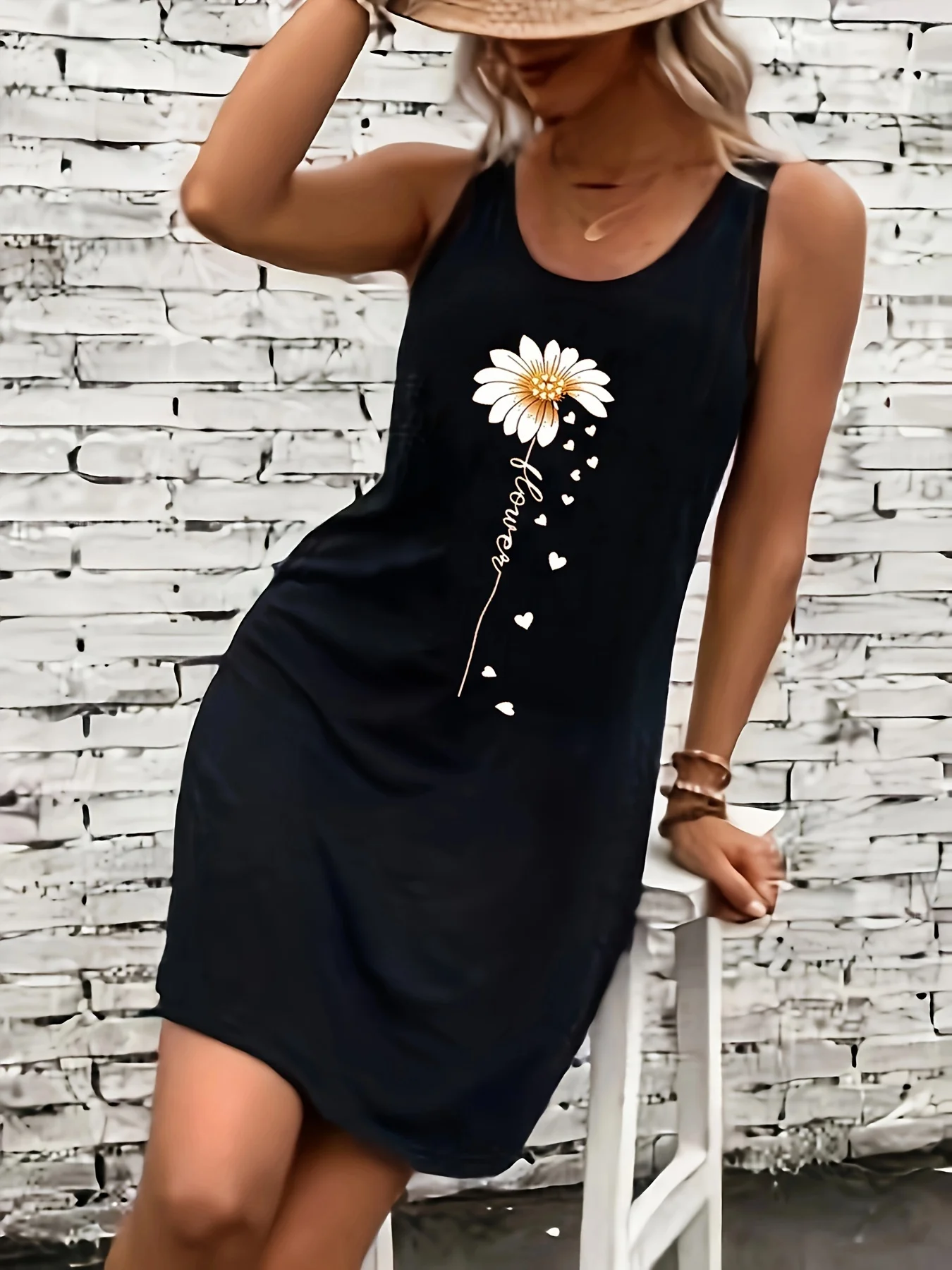 Sommer schwarz sexy Kleid Damen Sonnenblumen-Druck lässig schmale Passform ärmelloses Rundhals-T-Shirt-Minikleid