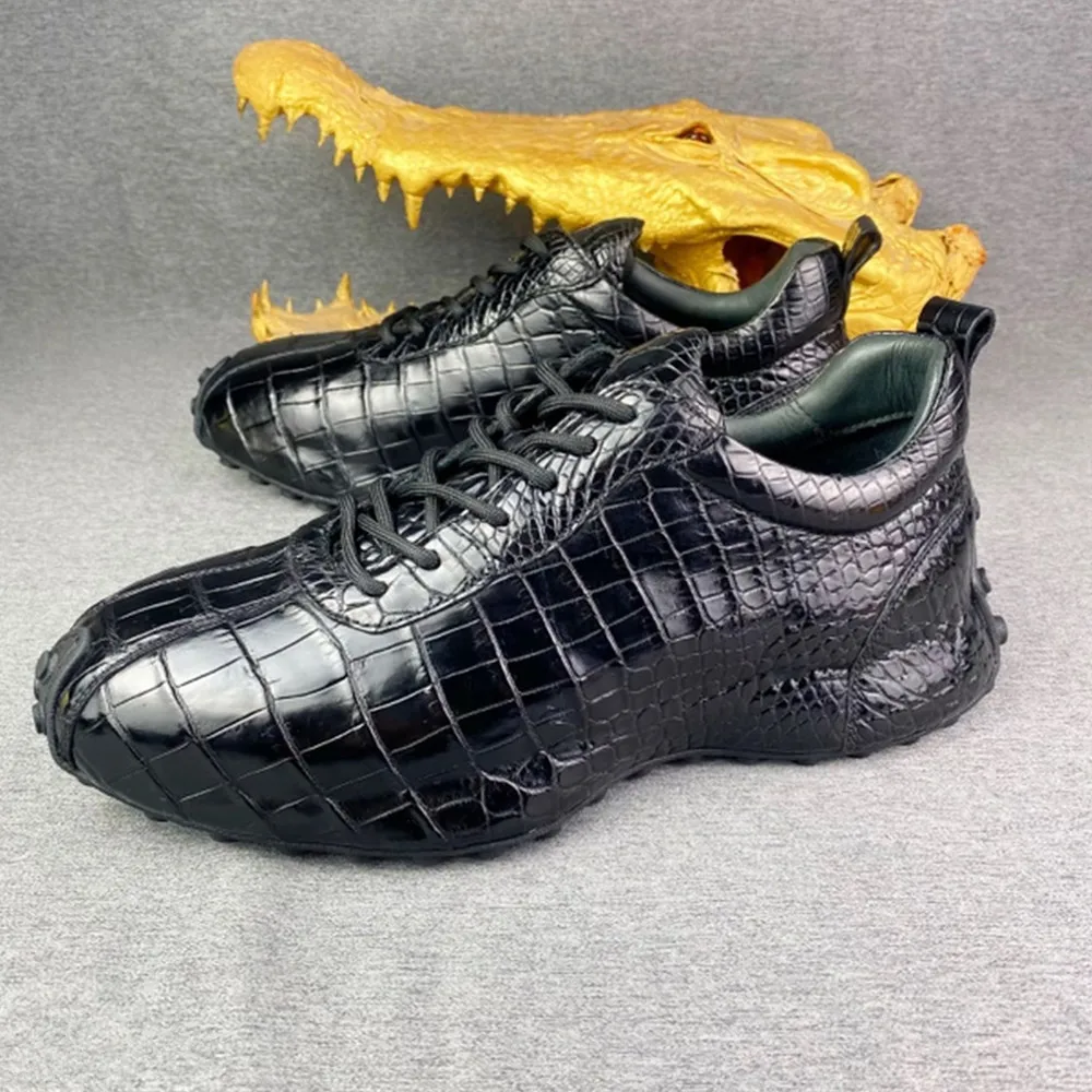 2026 new real crocodile leather casual men's shoes authentic crocodile leather fashion men's black lace-laced sneakers