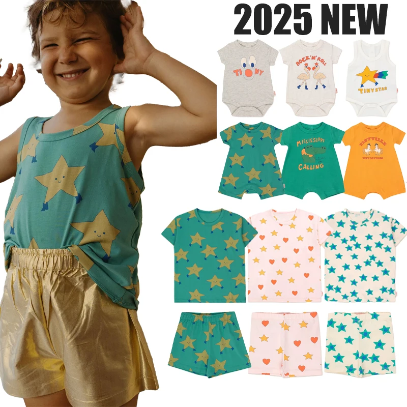 

2025 New Spring Summer European Baby Romper Children's Boys and Girls Cute Printed T-shirt Short Sleeved Top Shorts Set