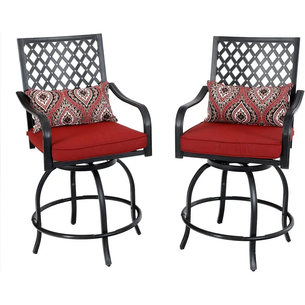 

Pair of Outdoor Swivel Bar Stools, Counter Height Patio Chairs with Red Cushions, Wide-Seat Bar Stools featuring Armrests and Ba
