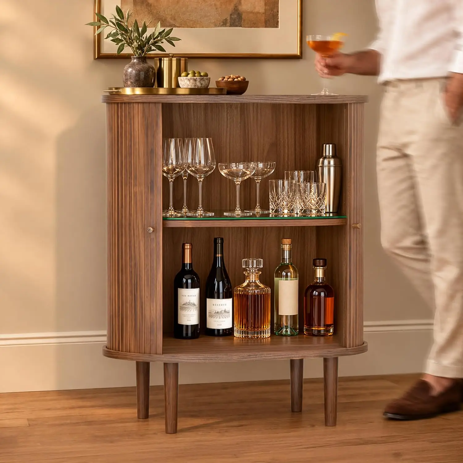 28'' Fluted Bar Cabinet with Sliding Doors, Hidden Storage and Adjustable Shelf, Modern Liquor Cabinet and Narrow Wine Bar