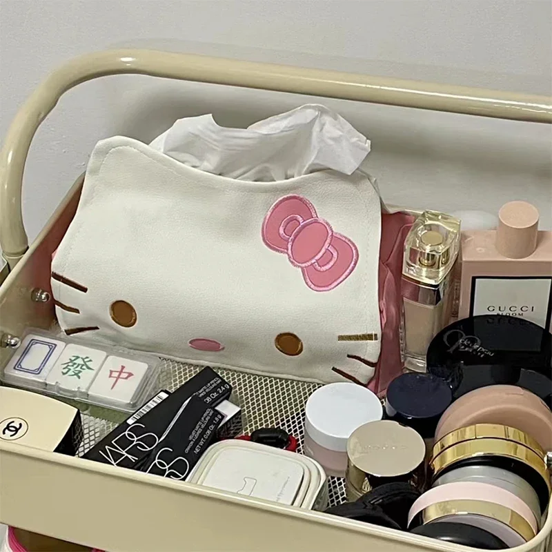 MINISO Sanrio Hello Kiity Kotak Serbet Kertas Kartun Kt Kotak Tisu Kucing Lucu Kulit PU Kotak Penyimpanan Kertas Rumah Mobil Hadiah Anak Perempuan