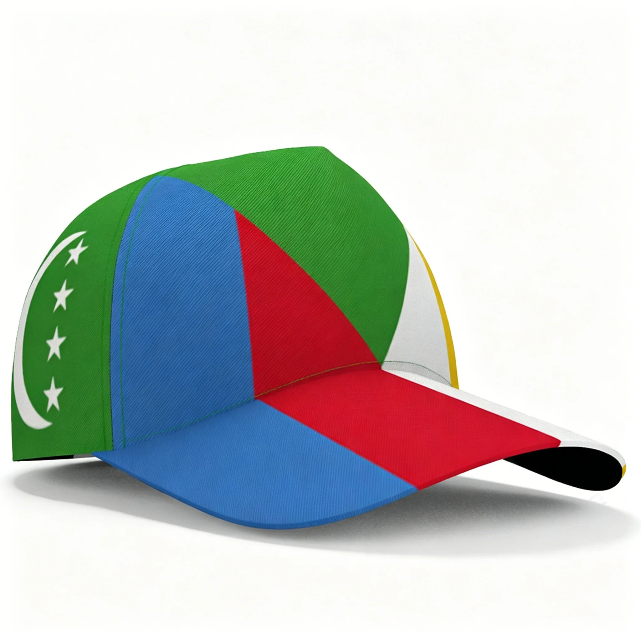 Gorra de béisbol con estampado de la bandera nacional de Comoras, verde, azul y rojo, con estrella creciente y bloques geométricos, transpirable, informal, para viajes, protección solar