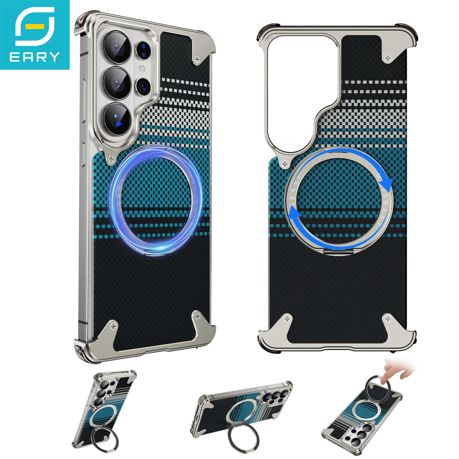 

Чехол Eary Kevlar для Samsung Galaxy S26 Ultra с подставкой и магнитным креплением 360° ° Вращающийся безрамочный металлический чехол для телефона S26Ultra