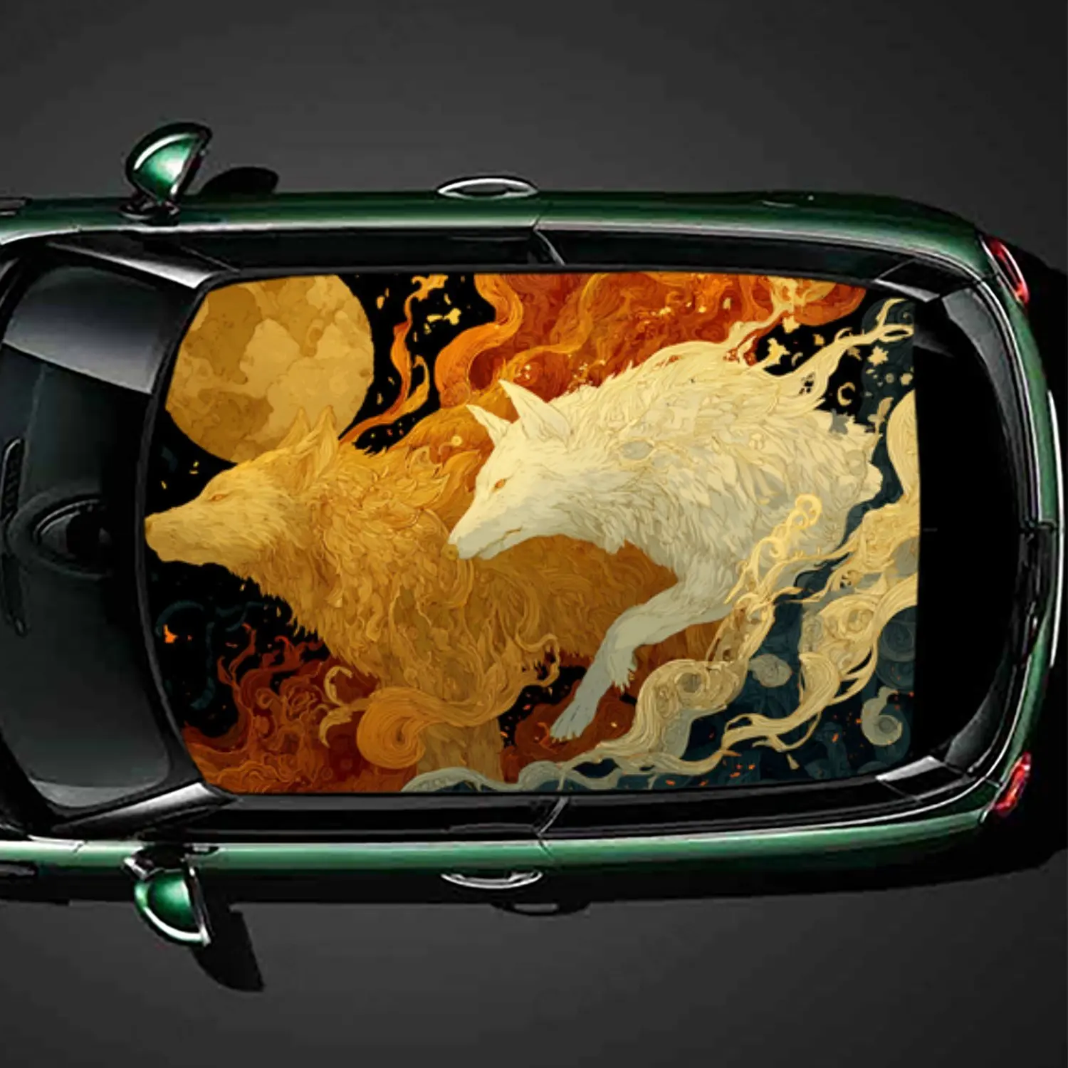 

Fiery Wolf Duo Car Roof Sticker, Auto Vinyl Wraps Decal, Self-adhesive Waterproof Car Exterior Accessory, Unique Car Decoration,
