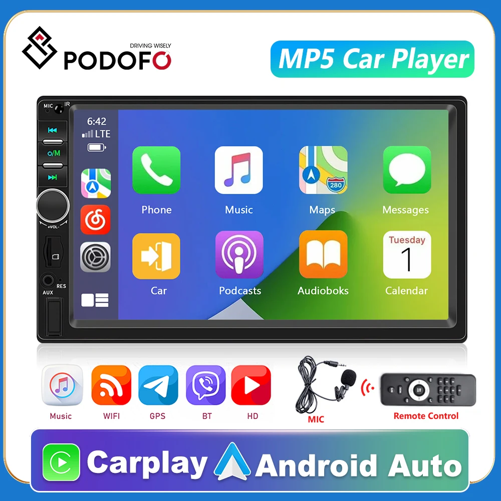 Автомагнитола Podofo, 2din, 7 дюймов, Bluetooth, USB, TF, FM