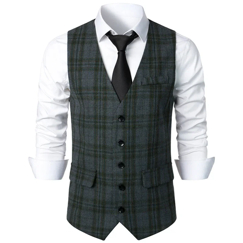 

Men Suit Blue V Neck Lattice Single Button Slim Formal Business For Wedding Banquet Work Men Waistcoat