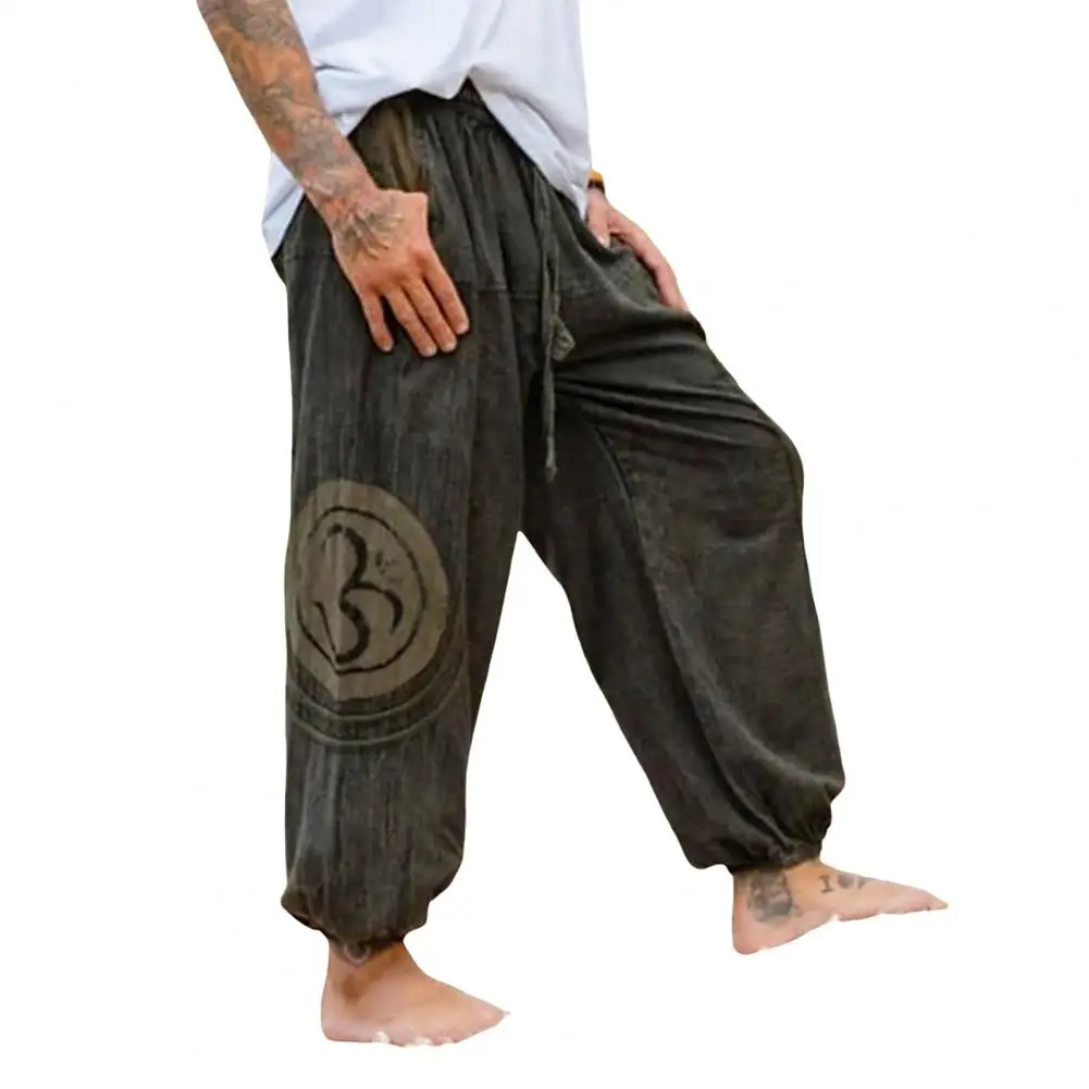 Large Storage Capacity Pants Vintage Ethnic Print Men's Loose Drawstring Pants with Side Pockets Comfortable Daily Wear Trousers