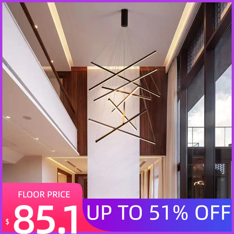 Black Stair Chandelier simple modern duplex building high-rise empty living room hall creative personality long LED line lamp