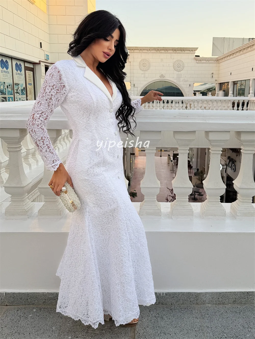 Customized Sexy Matching Lace Pleat Button Mermaid V-neck Midi Dresses Bespoke Occasion Dresses Exquisite Sizes Available Retro