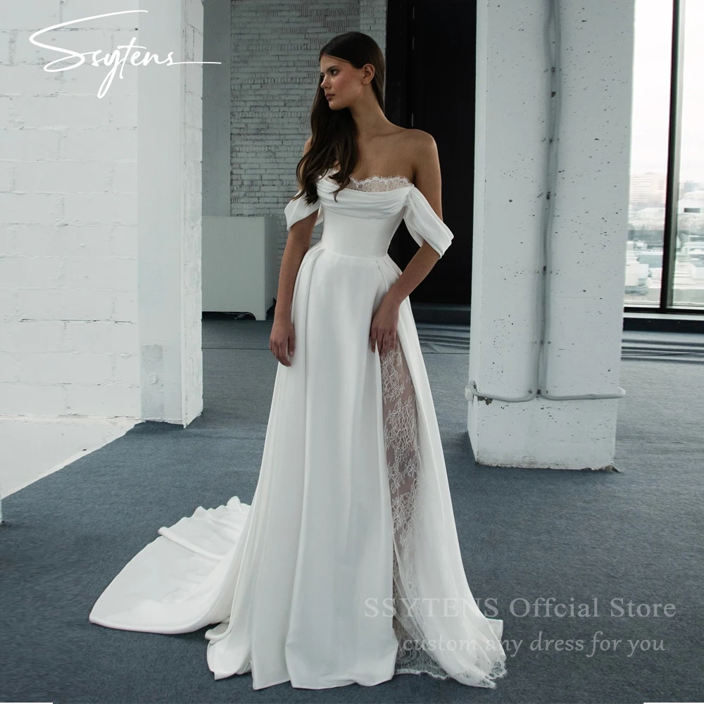 

SSYTENS Off Shoulder Wedding Dresses Lace Pleated Brides Dress High Slit Satin A Line Long Sleeves Bridal Gowns 2026 Customized