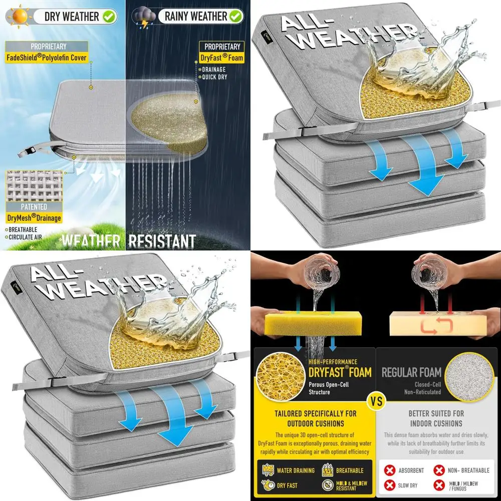 

All-Weather FadeShield Patio Chair Cushions, 19x19, 4-Pack Heather Grey, DryMesh Drainage