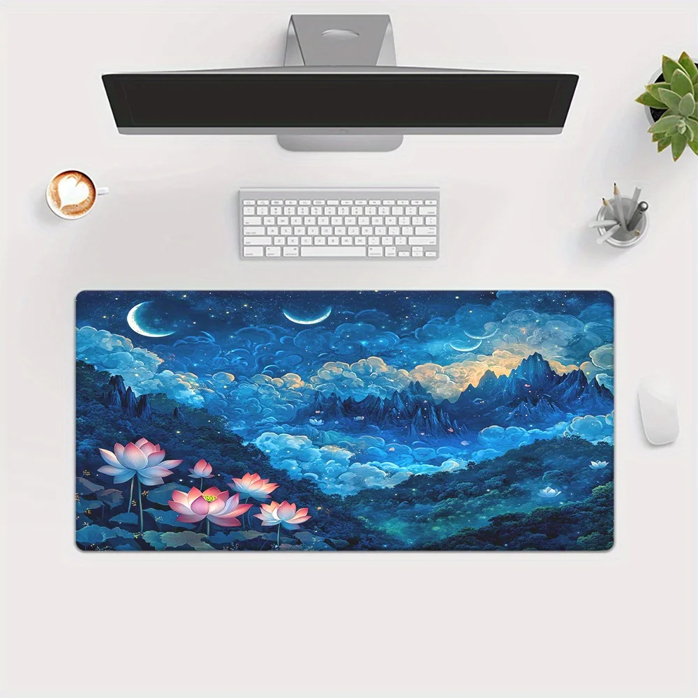Night Lotus and Moon Scenery Mousepad, HD Printed Rubber Desk Mat, Multi-Functional Gaming Mousepad, Office Computer Pad