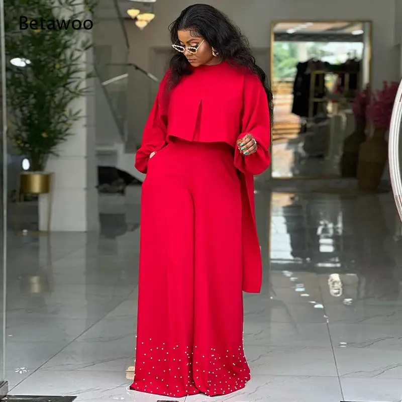 Women Solid Two Piece Matching Set Mock Neck Batwing Sleeve Crop Top Pearl Beaded Hem Wide Leg Pants Co Ord Outfit