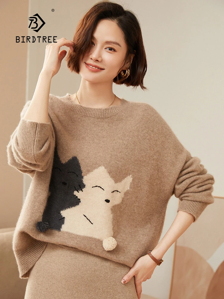 

Birdtree, 100% Cashmere Sweater, Women's Round Neck Off Shoulder Sleeve Jacquard Style, 2024 Autumn/winter New Top T48027KE