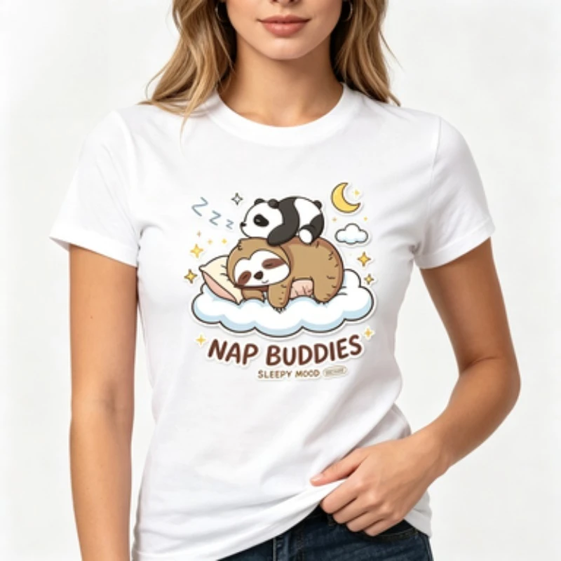 Panda Lying On A Sloth Printed Woman T-shirt Round Neck New Tshirts  Fit Tee Shirt Short Sleeve Womens Tshirts