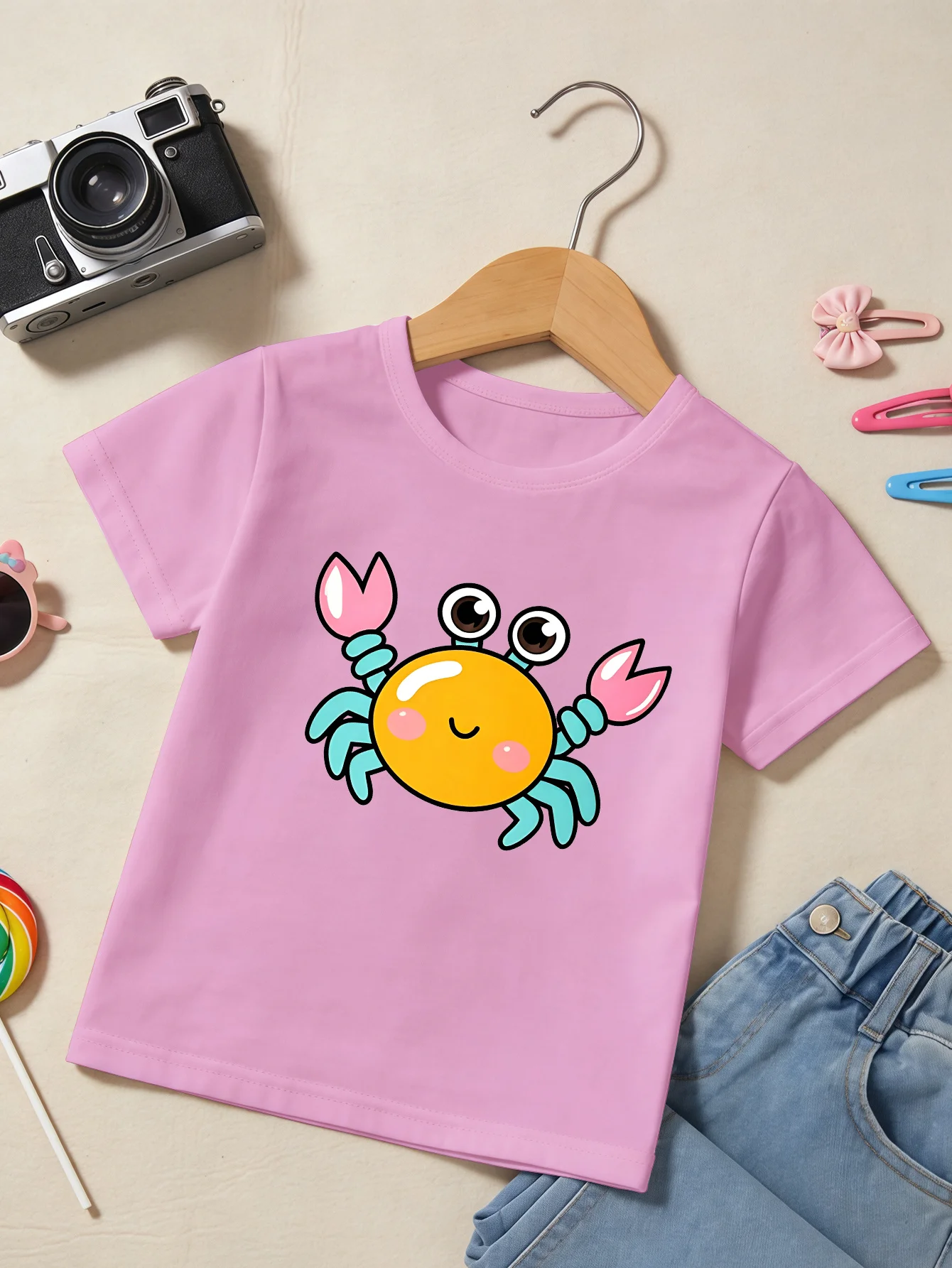 Cute Cartoon Smiley Crab Print Family Matching T Shirt Boys Girls Tee Parent Child Casual Top Mom Dad Kids Summer Daily Wear