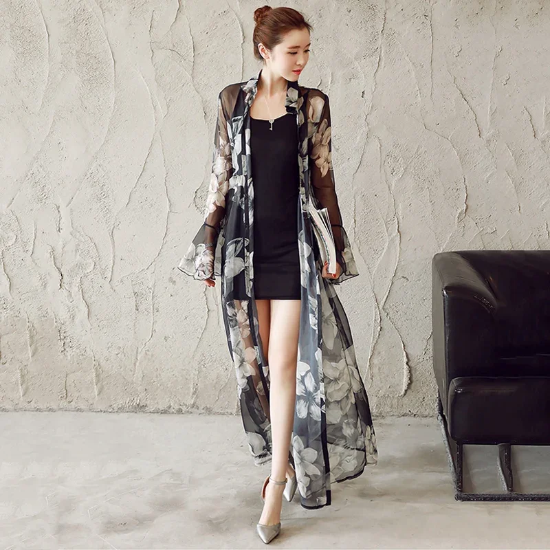 2023 Lightweight Flower Printed Chiffon Cardigan Women Maxi Oversized dress Fashion Female Long Kimonos cape coats
