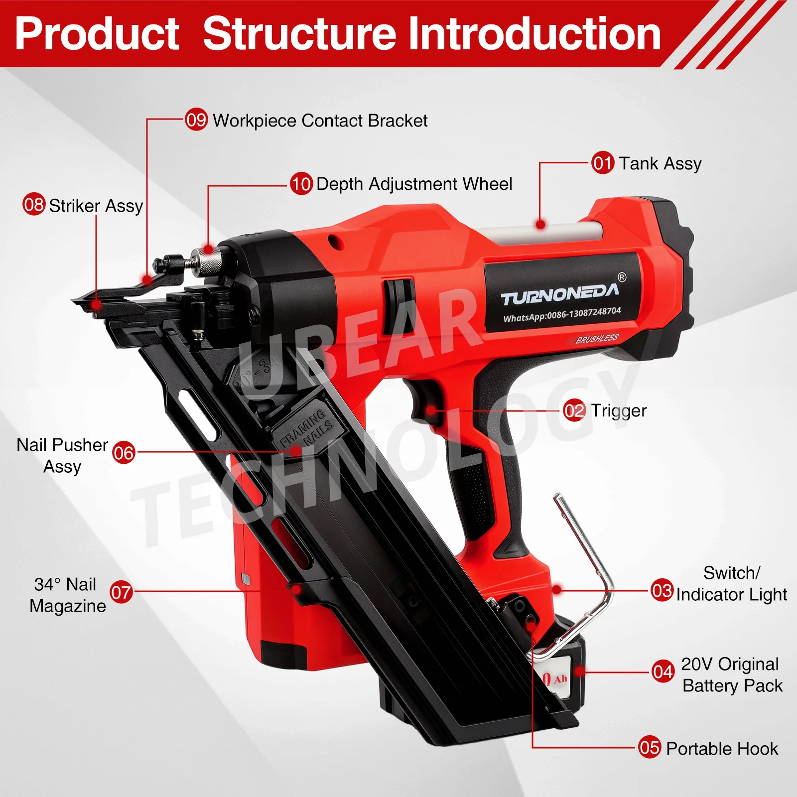

Hot 20V Best Cordless Power Nailing Tool Lithium Battery 34 Degree Frame Nailer Electric Roof Nail Gun for Woodworking Structure
