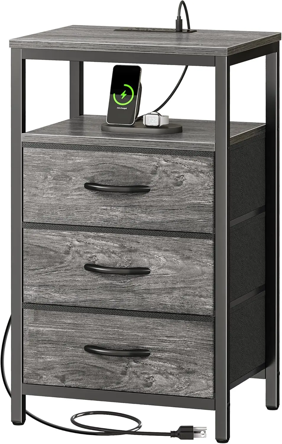 

Прикроватная тумбочка 27,6 дюйма с зарядной станцией, USB-портами, розетками, тканевыми ящиками, серая, для спальни
