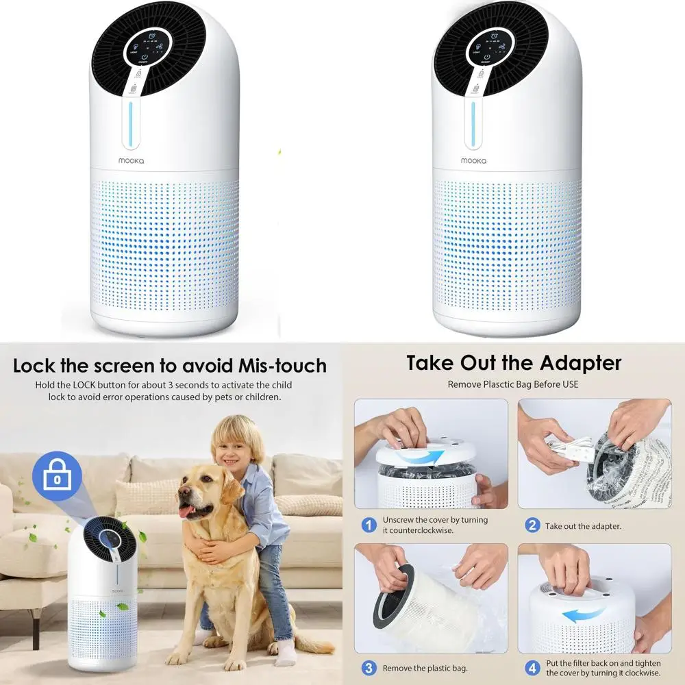 

Очиститель воздуха для больших помещений до 1095 кв. футов, фильтр H13 HEPA, удаление запахов животных и дыма, 4 режима, таймер и ночник