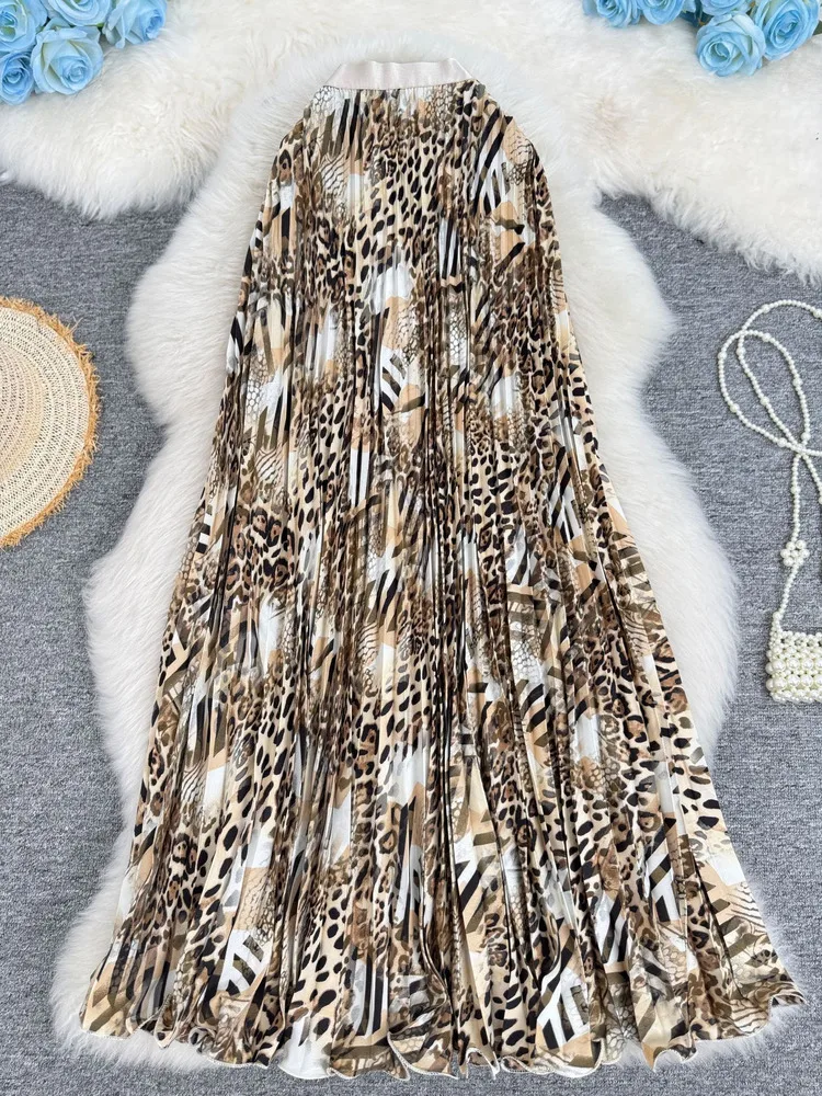 2026 Women's Summer Leopard Print Pleated Skirts Female Beach Holiday Style Elegant Long Skirt