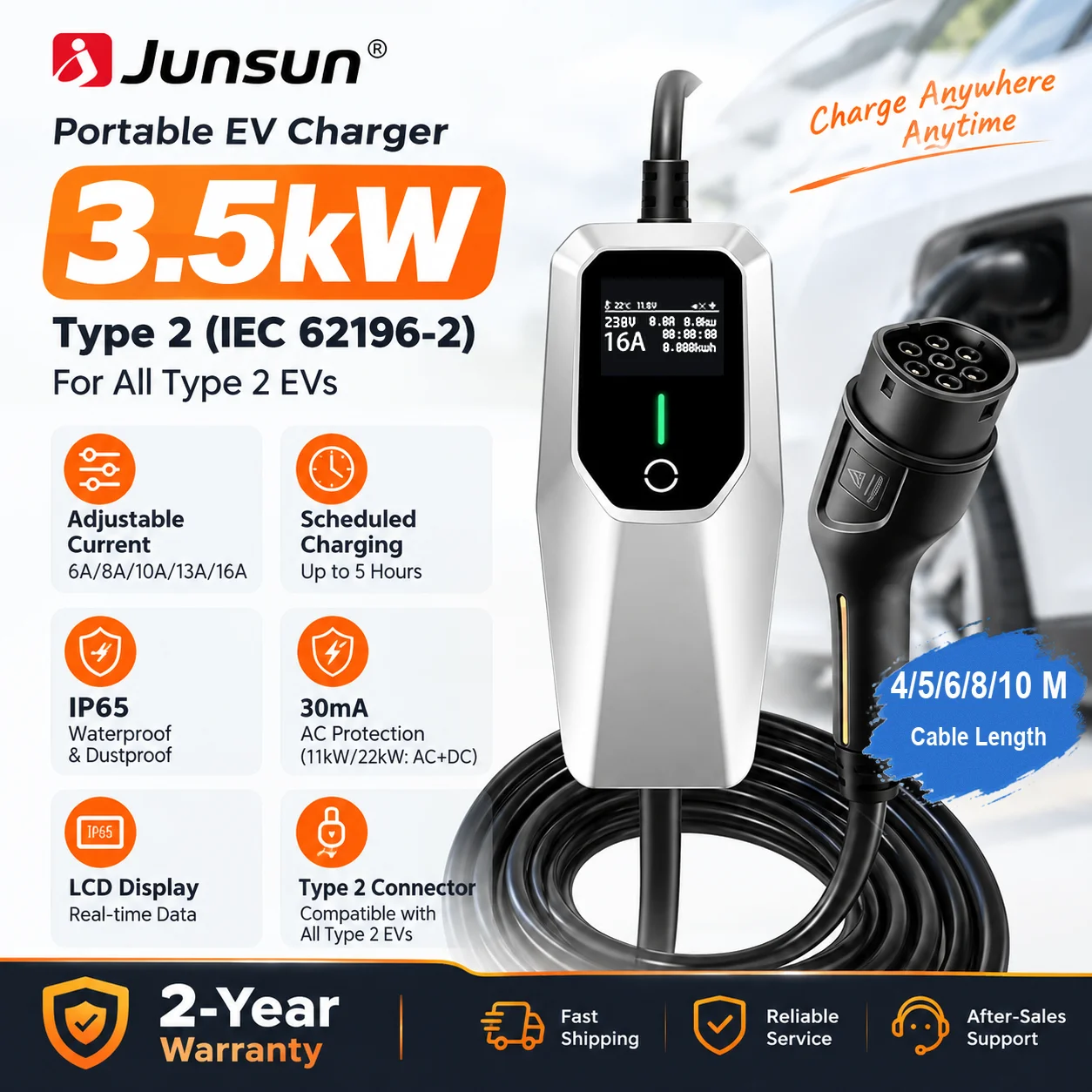 Image of Junsun Typ 2 Modus 2 Tragbares EV-Ladegerät 3,5kW 7,4kW 11kW 22kW 6A-32A Einstellbarer Strom IP65 LCD-Display Zeitgesteuertes Laden EU-Lager für Elektroautos