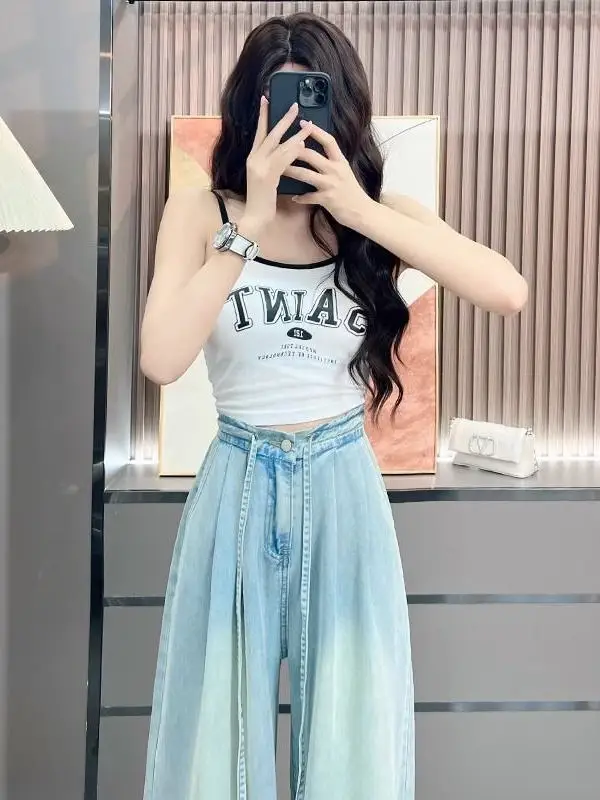 

Легкие широкие джинсы, женские летние новые тонкие модные уличные брюки-клеш в стиле ретро, прямые брюки