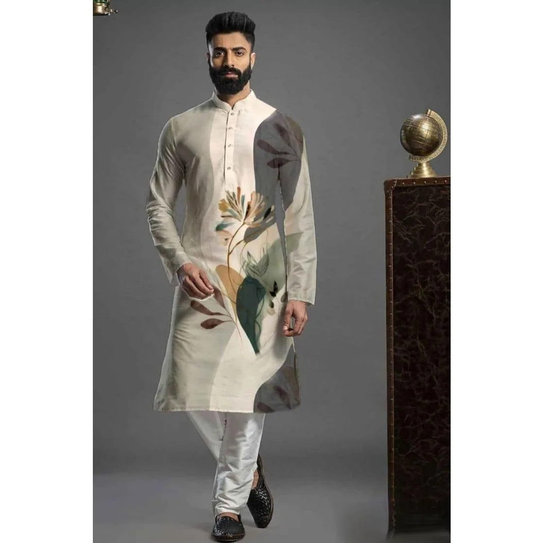 Muslim Men'S Digital Printed Kurta Vardha Regular Fit Mandarin Collar Long Kurtas Style For Men Birthday Wedding Aidilfitri
