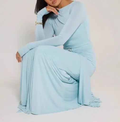 가을 신상 여성용 연한 파란색 긴소매 맥시 드레스 트위스트 매듭 디테일과 플리츠 디자인 슬림 핏 우아한 롱 스커트