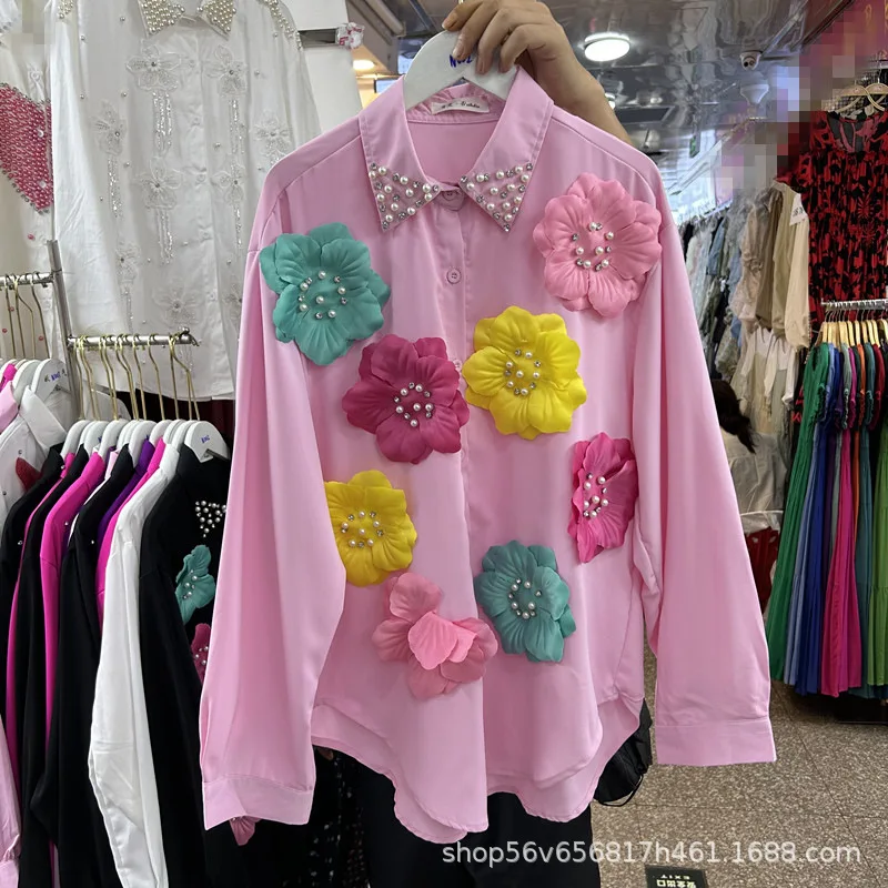 Pesado frisado strass camisa feminina bela flor 3d decoração solta casual na moda marca blusa 2025 outono novas blusas