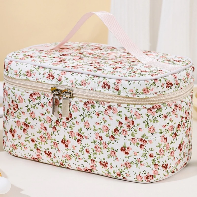 Fashion Floral Puffy Quilted Makeup Bag Travel Cosmetic Jewelry Storage Organizer Handbag Pouch Portable Toiletry Bag