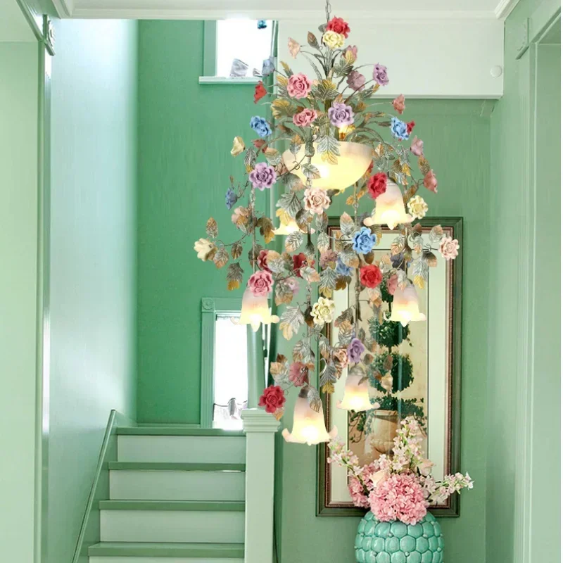 Art Floral Chandelier lamp Lustre Light 7L/10L Colorful Ceramic Rose Pendant Chandelier Light Fixture E14 LED AC Home Decoration