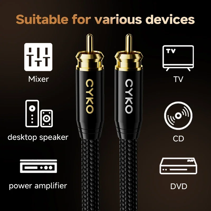 CYKO 1 pár RCA audio kabel 2 RCA na 2 RCA propojit kabelů HIFI stereo 6N OFC pánský na pánský pro zesilovač DAC TV auto audio