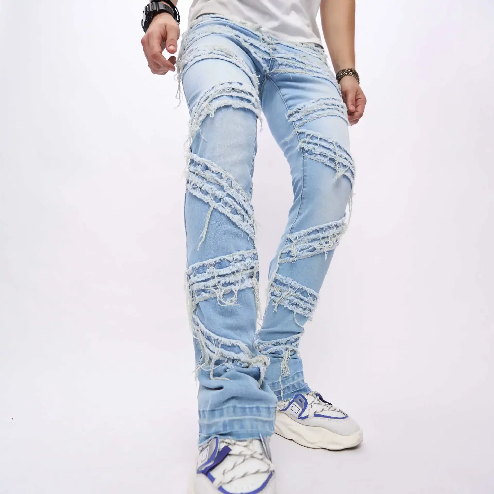 Wide jeansLeg Pants Ripped Spliced Men Jeans Vintage Ankle Length Distressed Denim Trouser Wash Solid Loose Pockets Punk Style
