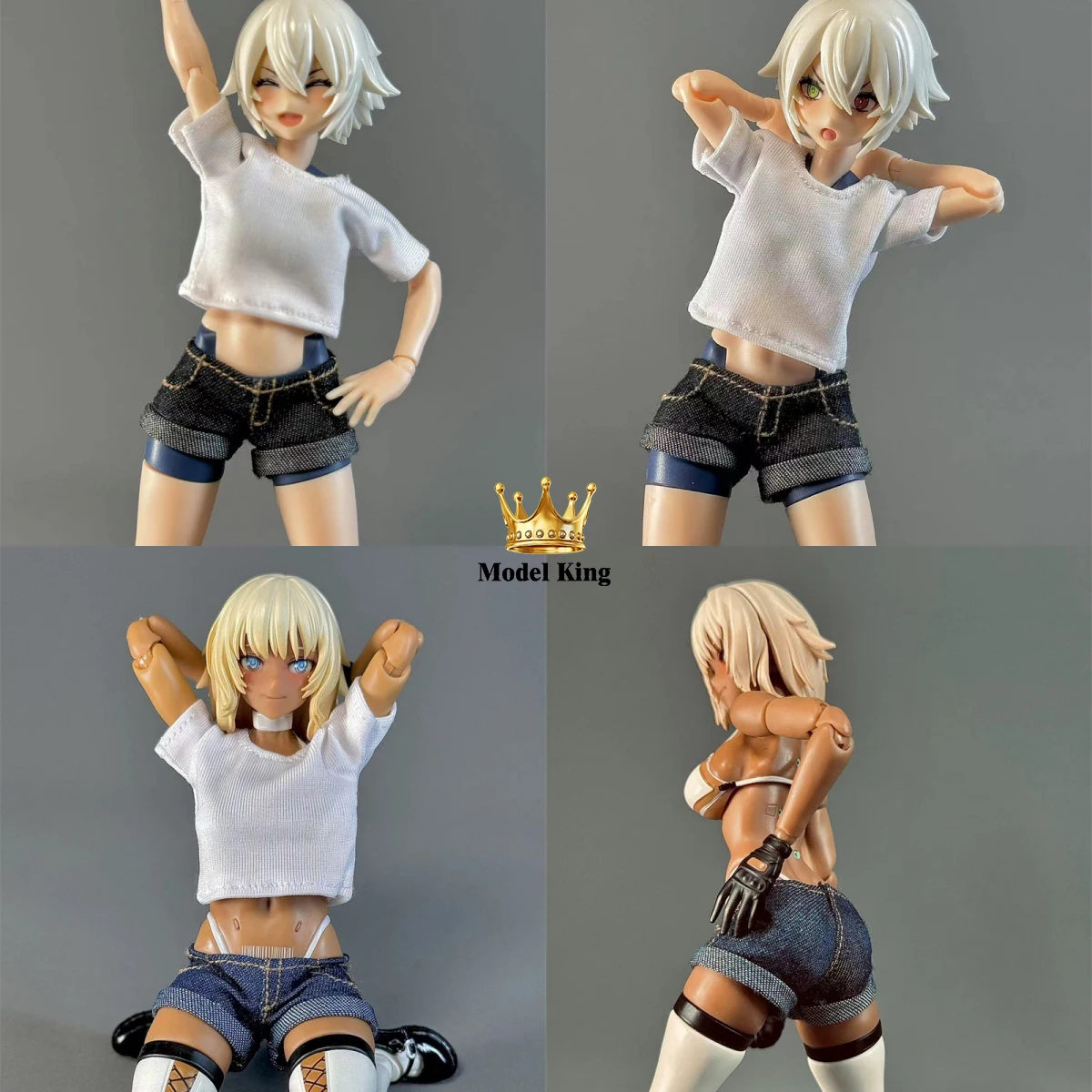 In Stock 1/12 Basic Versatile White Short Sleeved T-shirt Low Waisted Ultra Short Jeans Set For OB BJD FIGMA Action Figure Body