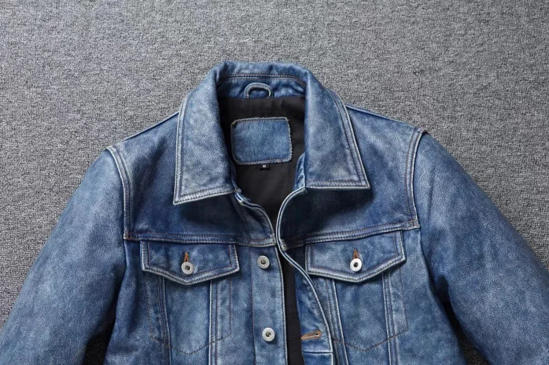 Men's Motorcycle Leather Jacket Light Blue Ami Khaki Retro Graphite Distressed Denim Genuine Leather Jacket Slim Short Jacket 98 S7a4c47f9c9064a10aa2160aeee3ee72aC