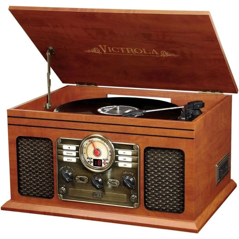 

Nostalgic 6-in-1 Bluetooth Record Player & Multimedia Center with Built-in Speakers - 3-Speed Turntable, CD & Cassette Player