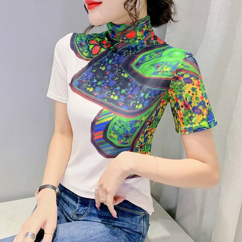 2022 Spring Print Tees Women Turtleneck Soft Short Sleeve T Shirts Lady Mesh Elegant Stretchy Tops Tees Female T-Shirt