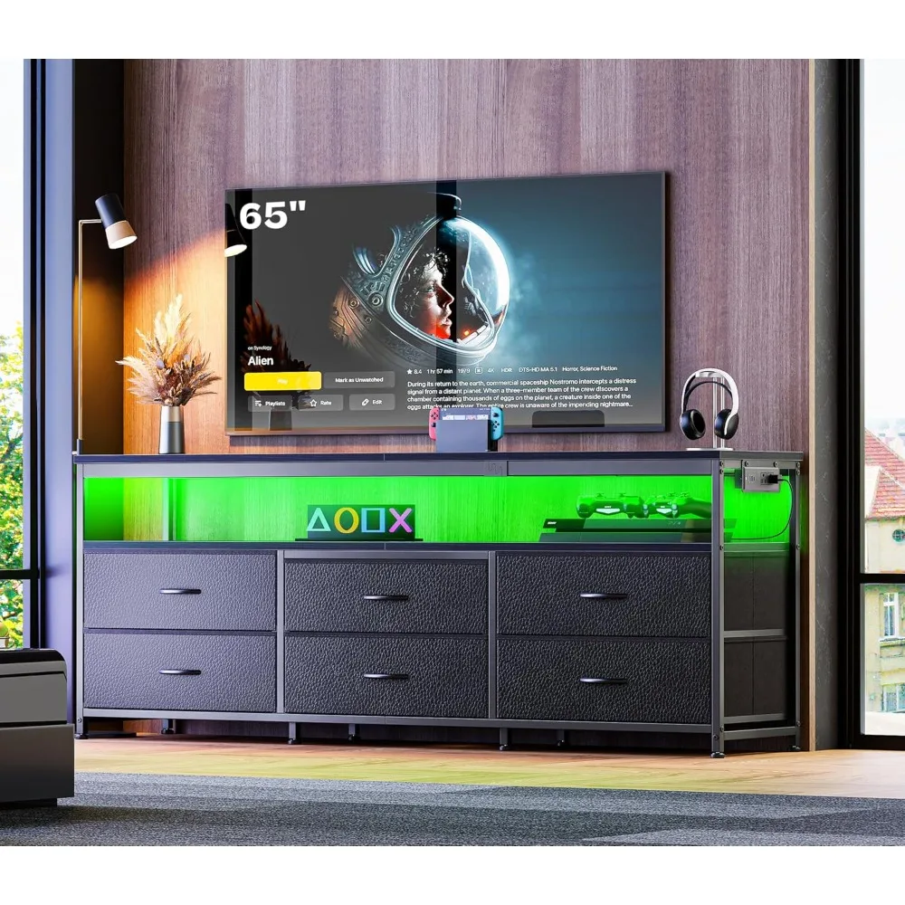

63 Inch TV Stand for 55, 65, 70 Inch TV, Long Dresser TV Stand for Bedroom, Black LED TV Stand with Power Outlets, Fabric