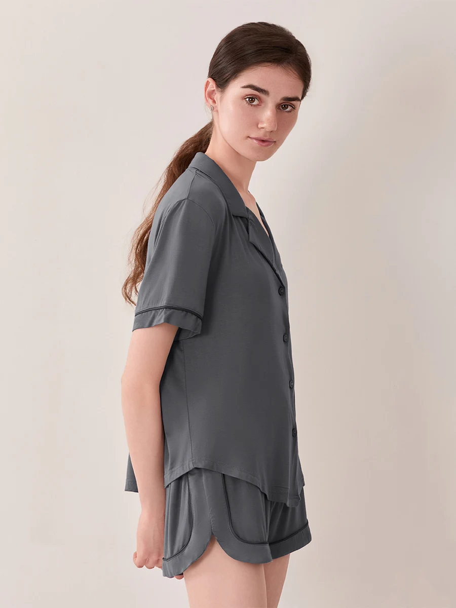 Women Summer Pajama Set Solid Color Short Sleeves Lapel Button Shirt and Elastic Shorts Loungewear Soft Sleepwear for Nightwear