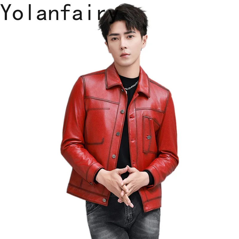 YOLANFAIRY New Fashion The First Layer Sheepskin Man Leather Jacket Lapel Slim Short Genuine Leather Coat Motorcycle Red Coats