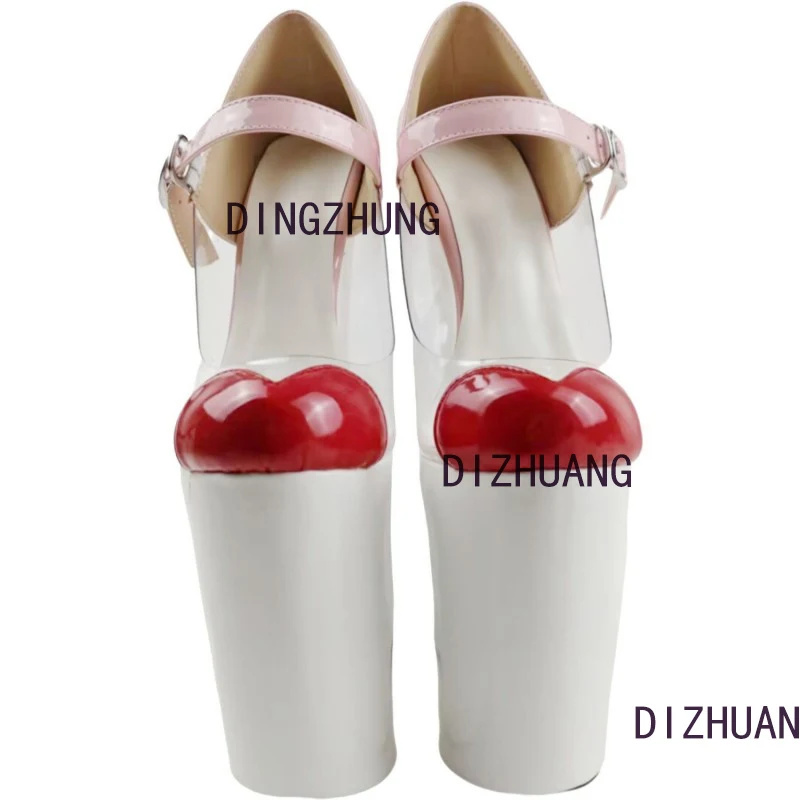 DIZHUANG, tacones altos sexis para mujer, altura del tacón de aproximadamente 22 cm, cuñas empalmadas multicolores, zapatos de plataforma con punta redonda, zapatos con hebilla