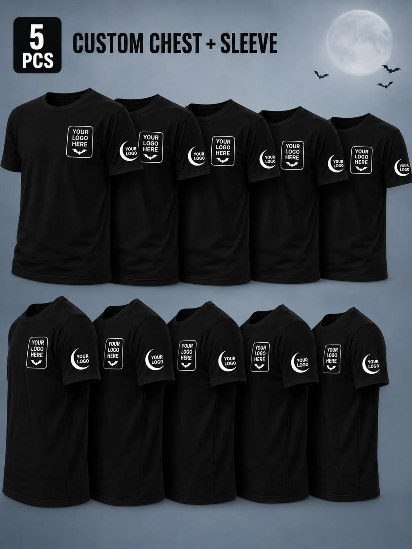 5-piece customized men's T-shirt, with LOGO, text, and photo patterns printed on the chest and cuffs for Halloween parties