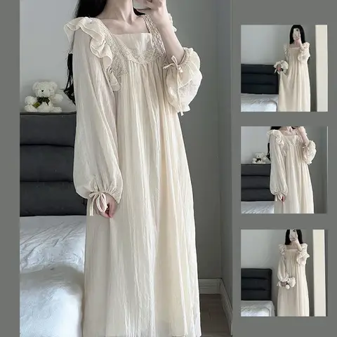 레이스 잠옷 잠옷 여성 한국어 프릴 나이트 드레스 봄 원피스 잠옷 긴 소매 스퀘어 칼라 홈웨어 2024 신규