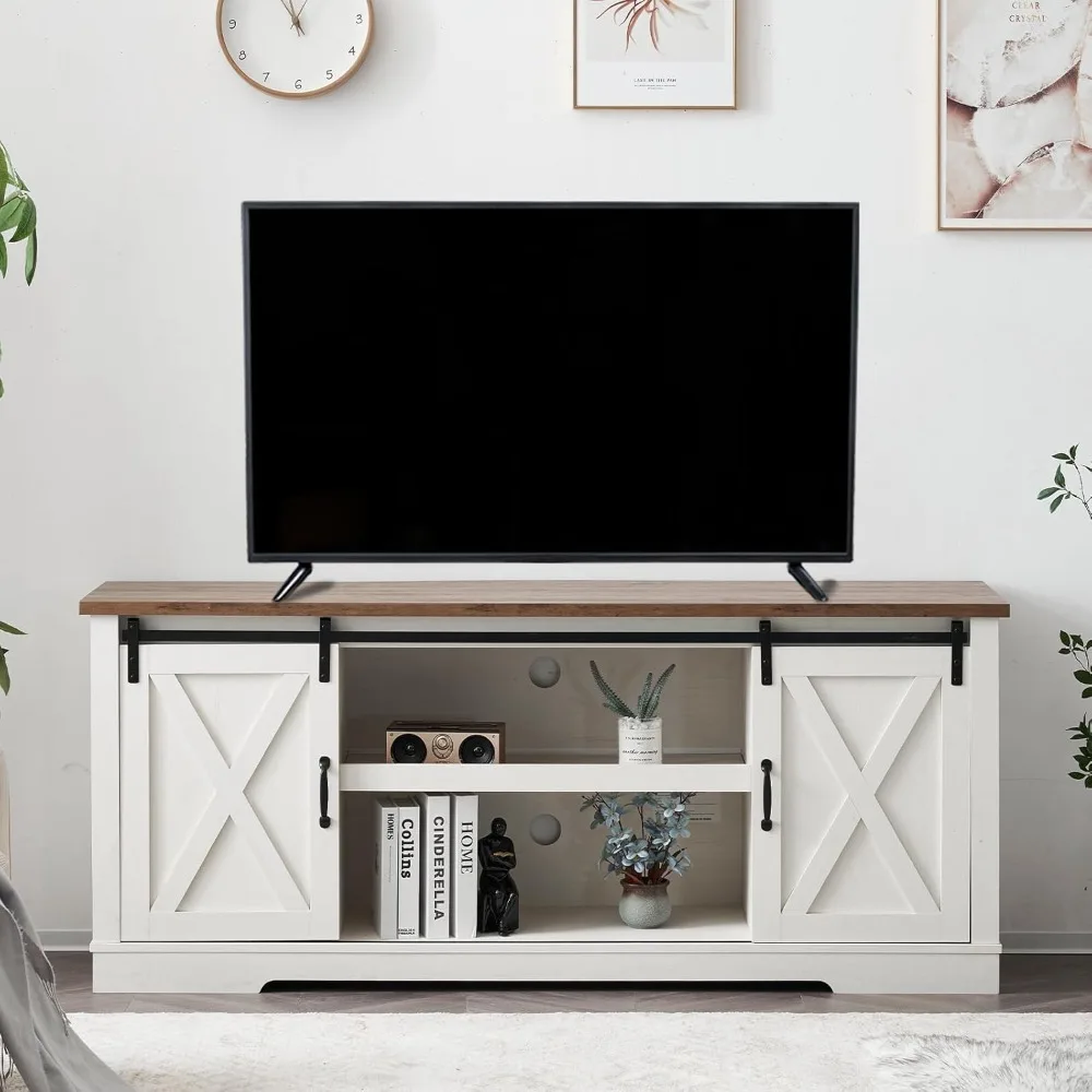 

66" Farmhouse TV Stand for 75 Inches TVs, Entertainment Center with Sliding Barn Door and Adjustable Shelf & Feet