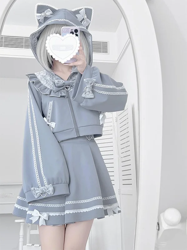 

2026 New Blue Sweet Girl Two-piece Japanese Mass Production Cat's Ears Hooded Navy Collar Coat+lace Bow Skirt Set