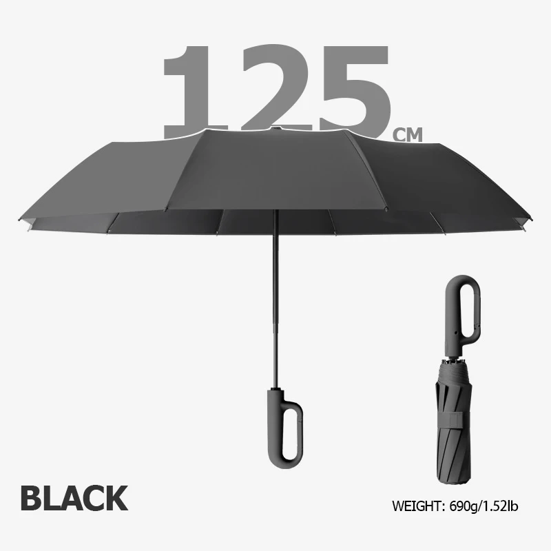 Großer, winddichter, starker Regenschirm mit reflektierendem Streifen, umgekehrter, automatisch faltbarer UV-Regenschirm für Regen, Sonne, Karabiner, Griff, Luxus